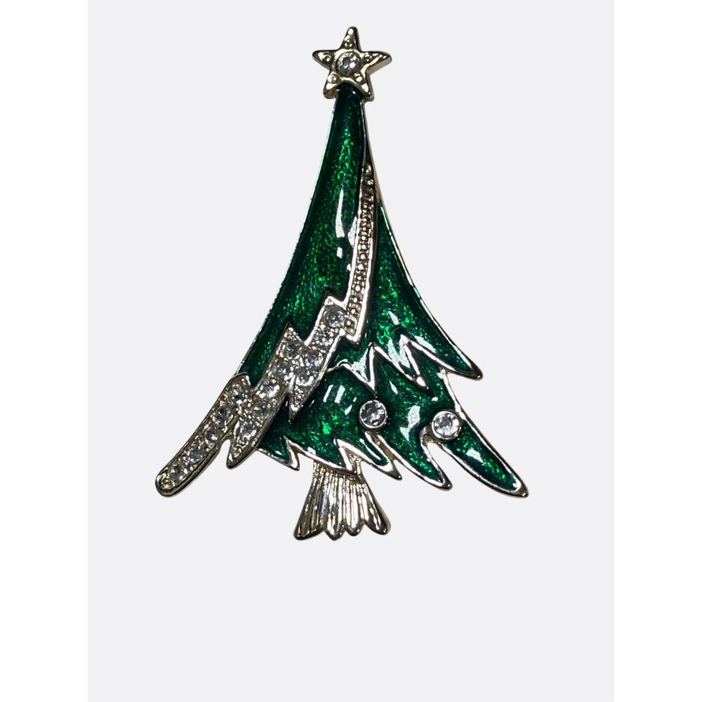 Christmas Tree Rhinestone Brooch Pin With Green Enamel and Silver Tone Metal